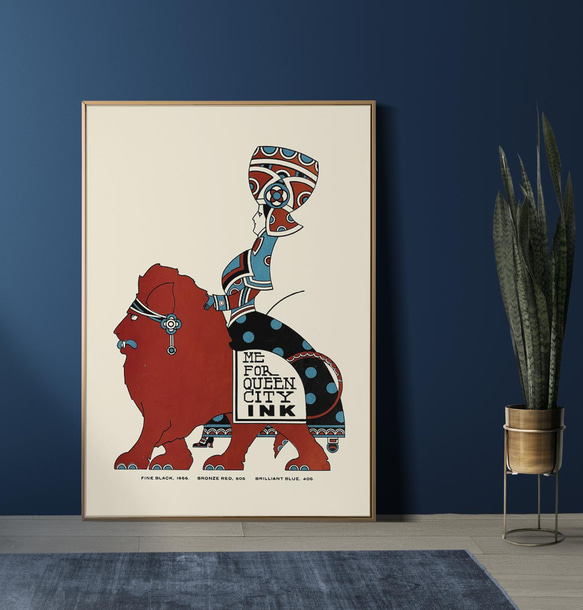 【NO.332】赤色ライオンと民族衣装の女性のレトロポップなアートポスター☆メルヘンファンシーオリエンタル★ハガキA2L 5枚目の画像