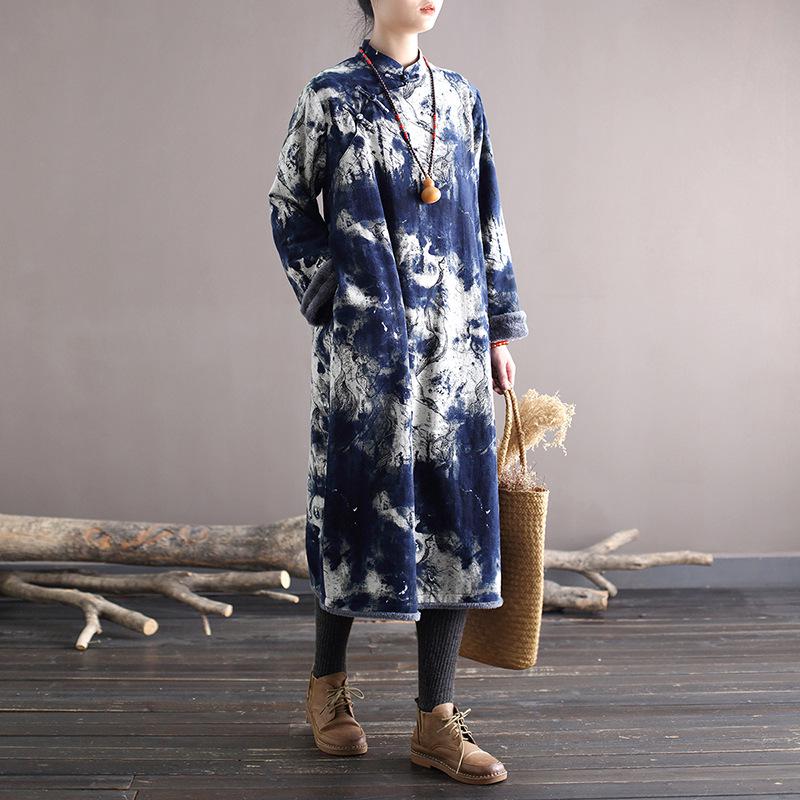 ボア付き　綿麻 ワンピース 秋冬用　2177