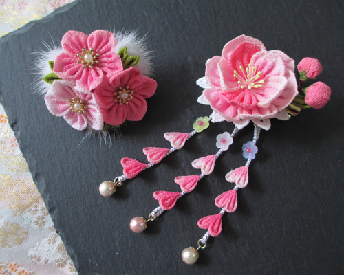 再販】【ボヌール/淡緑桃】つまみ細工の髪飾り リボン 水引