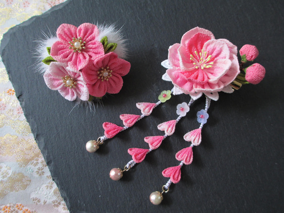 桃の花の髪飾り＊つまみ細工＊初節句・七五三・浴衣 ヘアクリップ