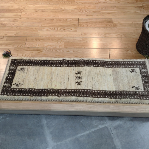 ペルシャ絨毯 ギャッベ ミニランナー 116x42 アイボリー グレー こげ茶