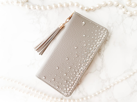 手帳型Phone15pro,14他 月 星クリスタル グレー スワロフスキーデコレーション ケース ニュアンスカラー                                     商品をご覧頂きありがとうございます。 Swarovski®︎ Crys L1229084906(9425円)