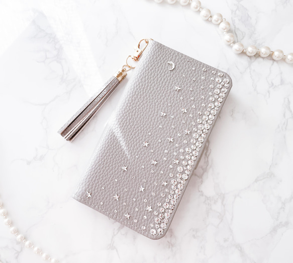 手帳型Phone15pro,14他 月 星クリスタル グレー スワロフスキーデコレーション ケース ニュアンスカラー                                     商品をご覧頂きありがとうございます。 Swarovski®︎ Crys L1229084906(9425円)