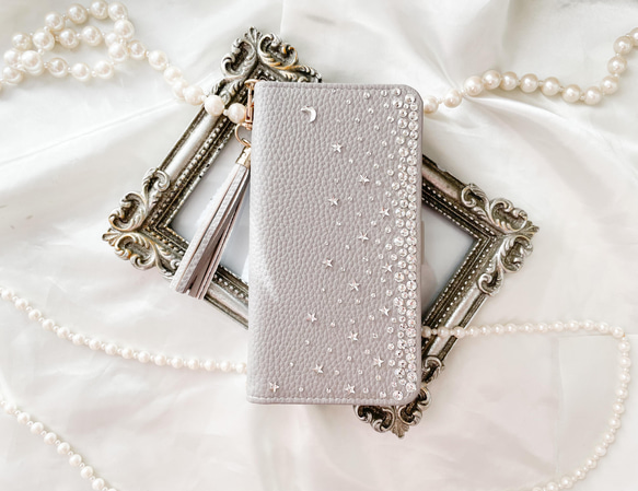 手帳型Phone15pro,14他 月 星クリスタル グレー スワロフスキーデコレーション ケース ニュアンスカラー                                     商品をご覧頂きありがとうございます。 Swarovski®︎ Crys L1229084906(9425円)