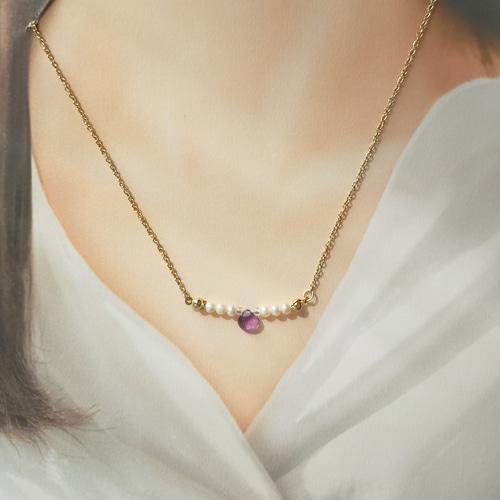 宝石質アメジスト・淡水パールの天然石ネックレス *2月6月誕生石* #760