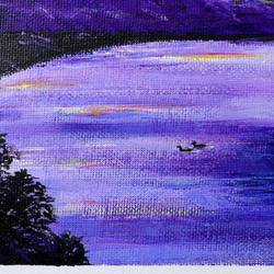 原画★夕焼けと湖★アクリル画･キャンバス 紫色の湖 夕焼け空 つがいの白鳥 大きな自然 5枚目の画像