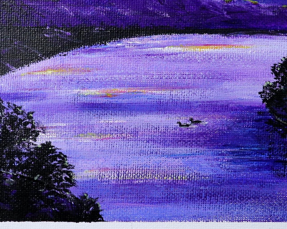 原画★夕焼けと湖★アクリル画･キャンバス 紫色の湖 夕焼け空 つがいの白鳥 大きな自然 5枚目の画像