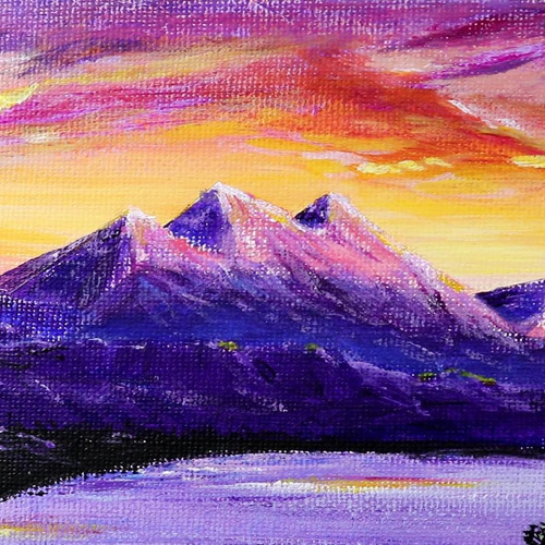 風景画夕焼けの湖畔原画