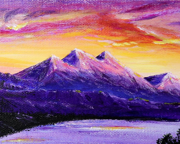 原画★夕焼けと湖★アクリル画･キャンバス 紫色の湖 夕焼け空 つがいの白鳥 大きな自然 3枚目の画像