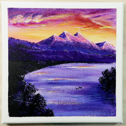 原画★夕焼けと湖★アクリル画･キャンバス 紫色の湖 夕焼け空 つがいの白鳥 大きな自然 2枚目の画像
