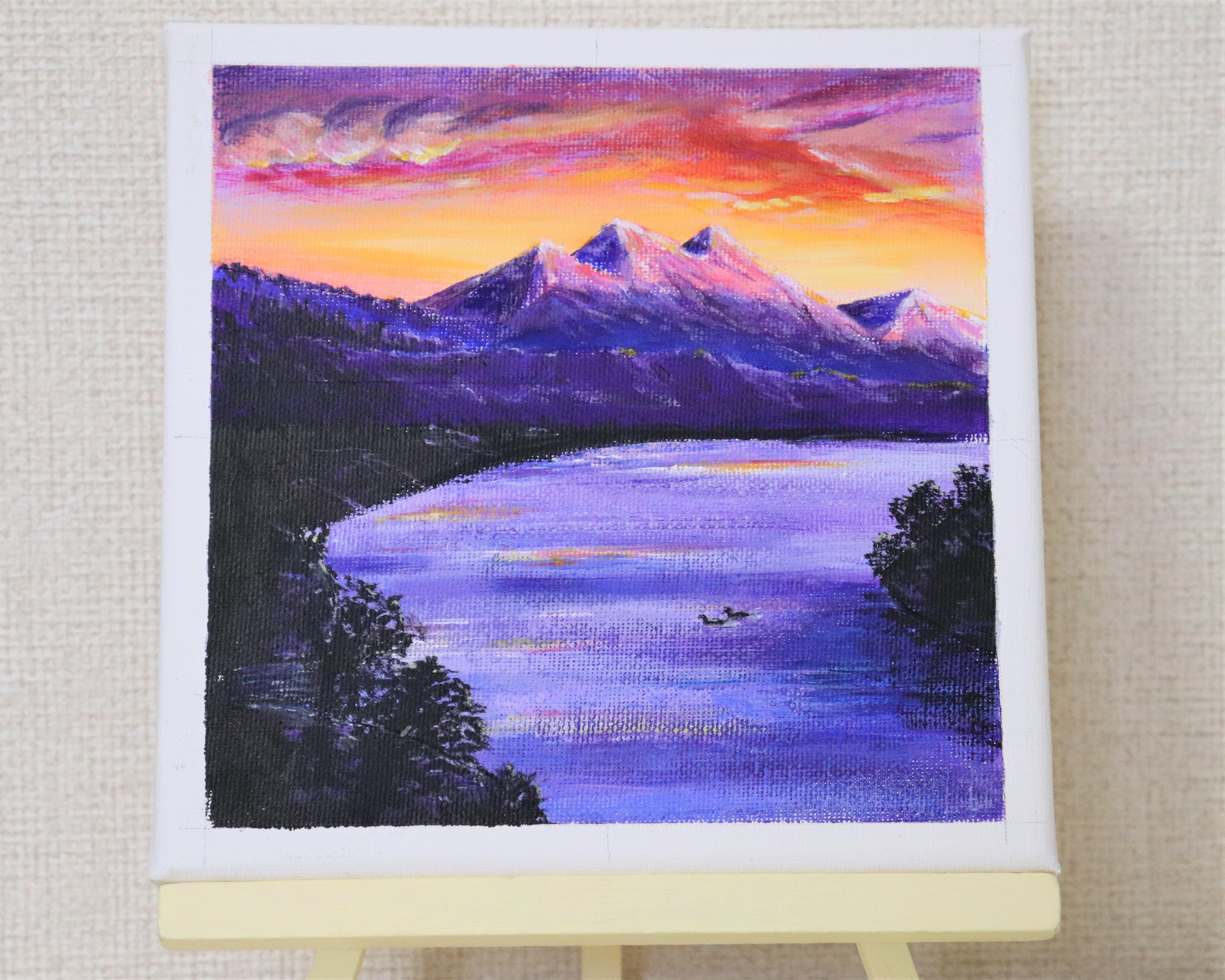 原画☆夕焼けと湖☆アクリル画・キャンバス 紫色の湖 夕焼け空