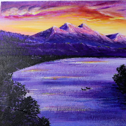 原画★夕焼けと湖★アクリル画･キャンバス 紫色の湖 夕焼け空 つがいの白鳥 大きな自然 7枚目の画像