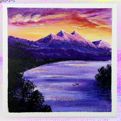 原画★夕焼けと湖★アクリル画･キャンバス 紫色の湖 夕焼け空 つがいの白鳥 大きな自然 6枚目の画像