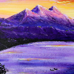 原画★夕焼けと湖★アクリル画･キャンバス 紫色の湖 夕焼け空 つがいの白鳥 大きな自然 4枚目の画像