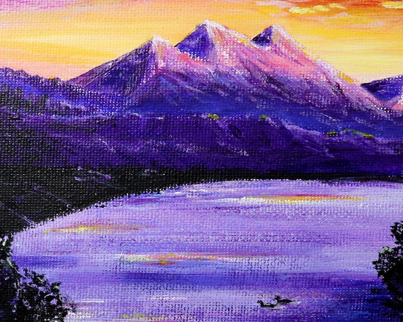 原画★夕焼けと湖★アクリル画･キャンバス 紫色の湖 夕焼け空 つがいの白鳥 大きな自然 4枚目の画像