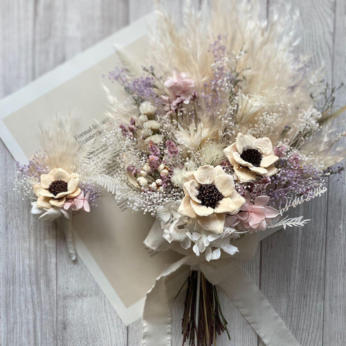 パインフラワーのブーケ 〜ホワイト&パープル&ピンク〜 ＊ウエディング