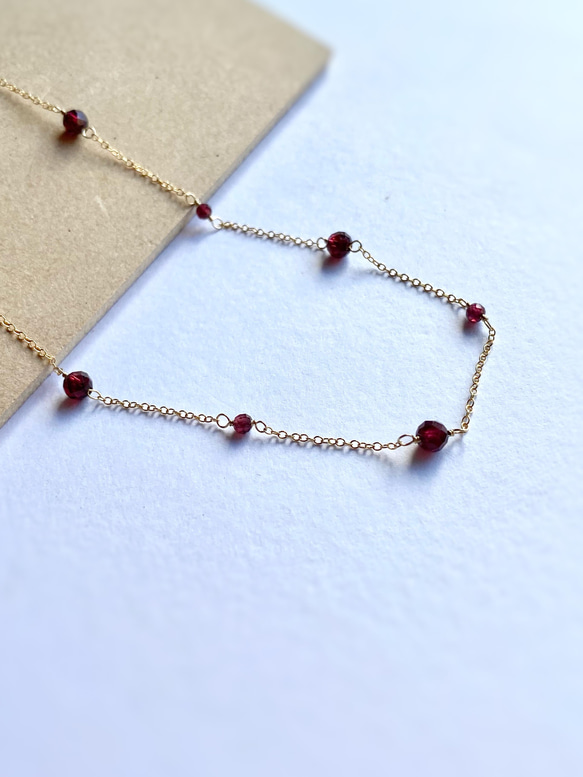 14kgf Station Necklace Garnet モザンビークガーネットのステーションネックレス　柘榴石 17枚目の画像