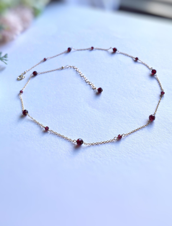 14kgf Station Necklace Garnet モザンビークガーネットのステーションネックレス　柘榴石 2枚目の画像