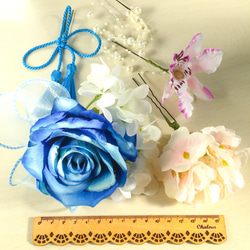 薔薇と紫陽花の髪飾り【3点セット】（ブルー&ホワイト系）◆クリップブローチ・7㎝玉つきUピン◇成人式 2枚目の画像