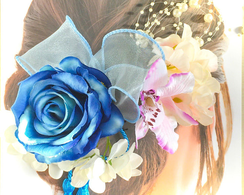 薔薇と紫陽花の髪飾り【3点セット】（ブルー&ホワイト系）◇クリップ 
