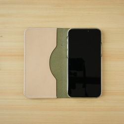 牛革 iPhone13 カバー  ヌメ革  レザーケース  手帳型  グリーンカラー 3枚目の画像
