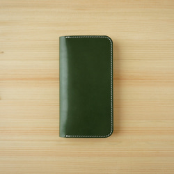 牛革 iPhone13 カバー  ヌメ革  レザーケース  手帳型  グリーンカラー 1枚目の画像