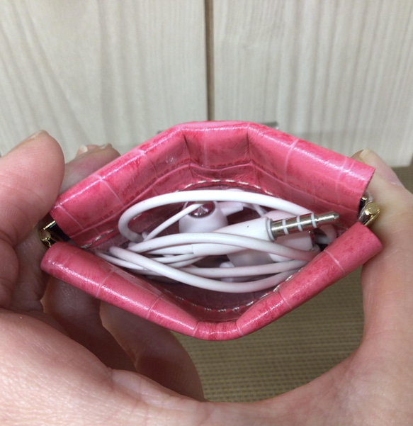 彈簧帽皮革零錢包#粉紅色鱷魚壓花 -真皮 [定制] 第3張的照片