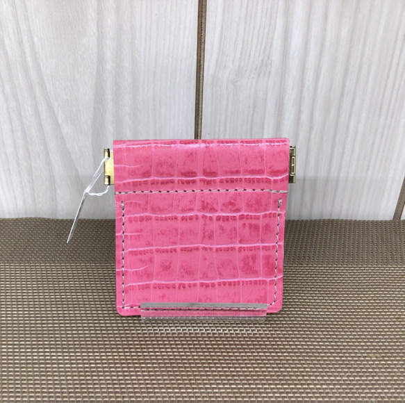 彈簧帽皮革零錢包#粉紅色鱷魚壓花 -真皮 [定制] 第1張的照片
