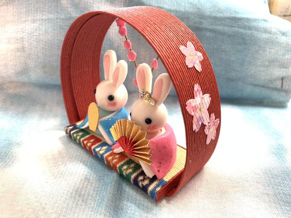 ☆丸枠うさぎのお雛様(受注生産)　雛祭り　ひな人形　おひな様　樹脂粘土　置物 4枚目の画像