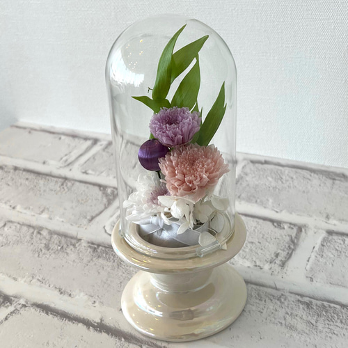 プリザーブドフラワー仏花対ガラスドーム大輪菊 仏花 ガラスドーム（菊） ベット用にも creema限定 プリザーブド
