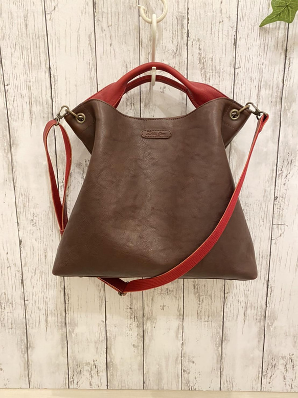 日本製 Zess fino 新作オール本革トートバッグ ショルダーバッグ 2WAY　チョコ×レッド 日本製 2WAY　チョコ×レッド WS1320120596(10205円)