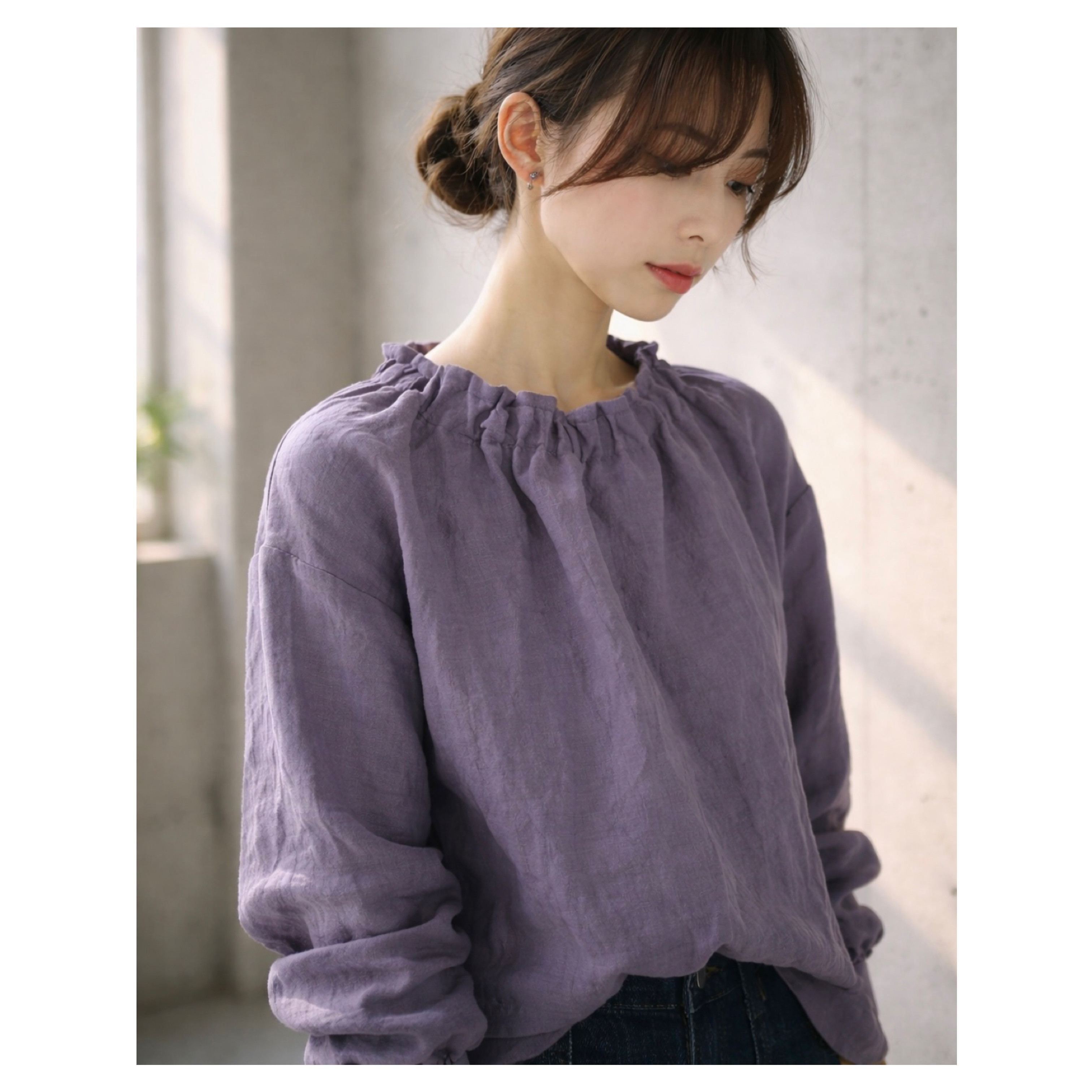 こだわりリネンギャザーブラウス／くったり柔らか上質なベルギーリネンギャザーブラウス／シャビーパープル