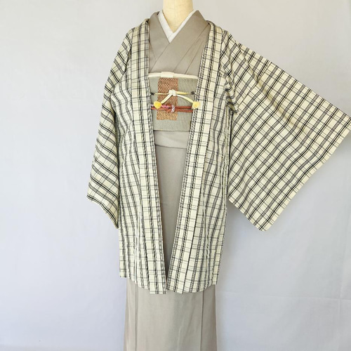 新品 正絹 単衣 女物 長羽織 チェック柄 着物 haori しば田（お