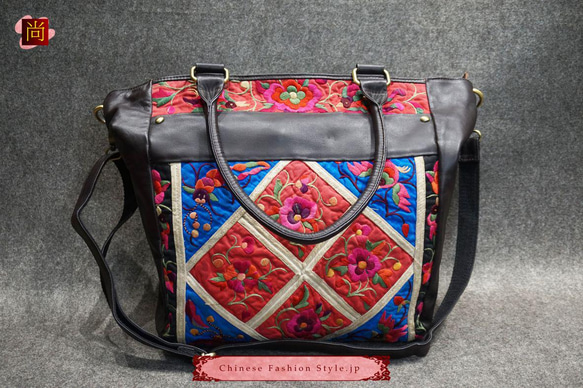 レトロな斜めがけレザーバッグ。アンティーク刺繍が美しいBohoスタイルハンドバッグ #102 5枚目の画像