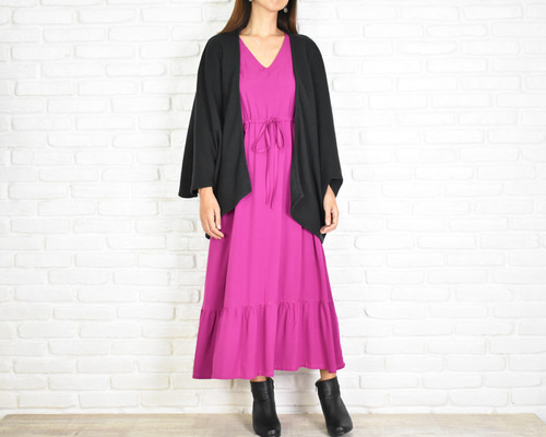 再販！【大きいサイズ】Vネック長袖ワンピース ＜マゼンタ