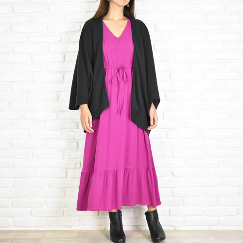 再販！【大きいサイズ】Vネック長袖ワンピース ＜マゼンタ