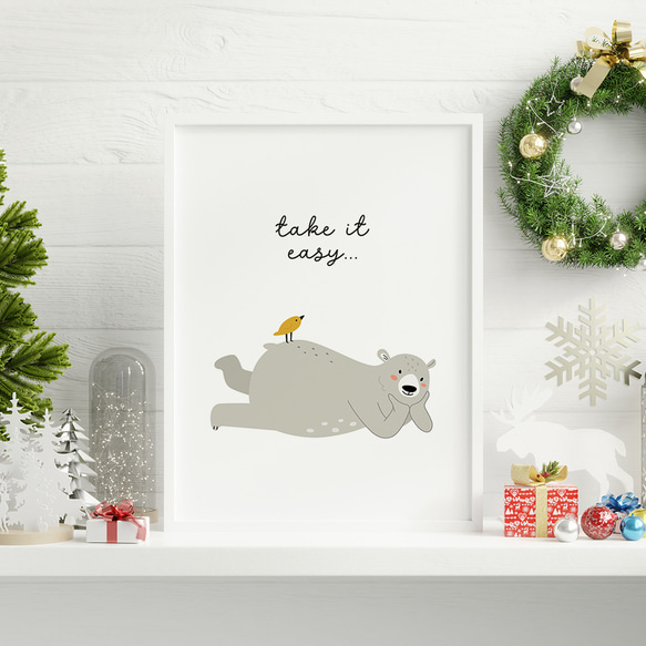 《超早割2022》クリスマス北欧ポスター　寝転ぶシロクマ　/ i0433 / キツネや小鳥と一緒にリラックス　子供部屋 2枚目の画像