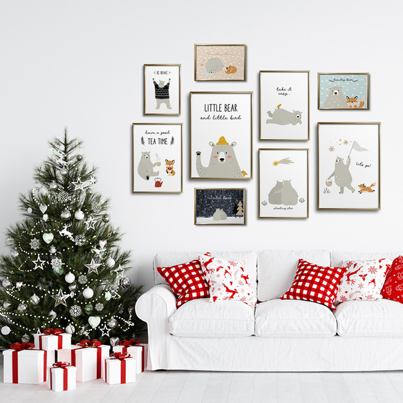 《超早割2022》クリスマス北欧ポスター　寝転ぶシロクマ　/ i0433 / キツネや小鳥と一緒にリラックス　子供部屋 10枚目の画像
