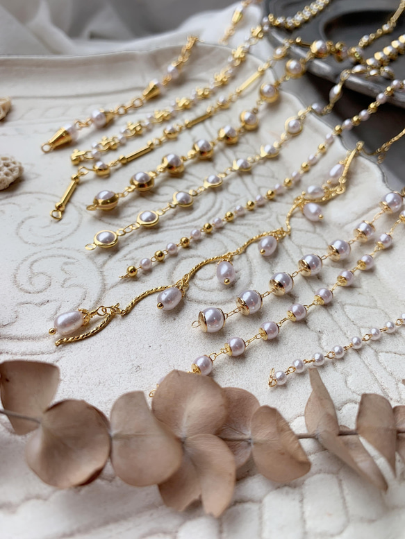 ♡真珠・半製品♡本物の金メッキの超美しい真珠八重咲きキャップビーズ装飾チェーン素材50cm1個 3枚目の画像