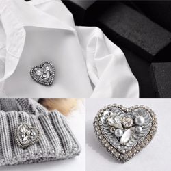 再販　フランス製スパンコールとビジュー　手刺繡のハートのブローチ 5枚目の画像