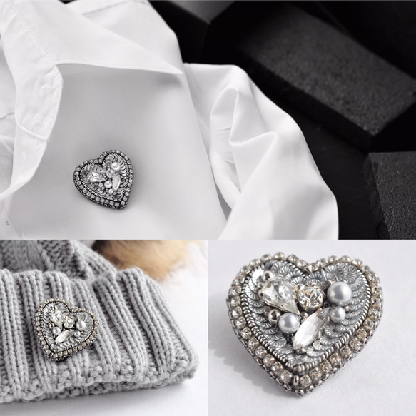 再販　フランス製スパンコールとビジュー　手刺繡のハートのブローチ 5枚目の画像