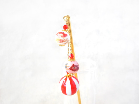 【定做】神仙糖樣紅白條紋大珠和山茶花紋陶珠 第3張的照片