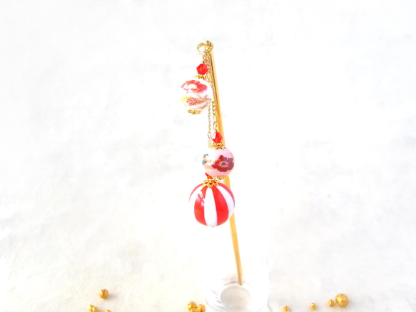 【定做】神仙糖樣紅白條紋大珠和山茶花紋陶珠 第5張的照片