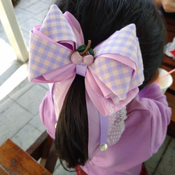 粉紫格紋重磅珍珠蝴蝶結髮夾/蝴蝶結髮夾 第10張的照片