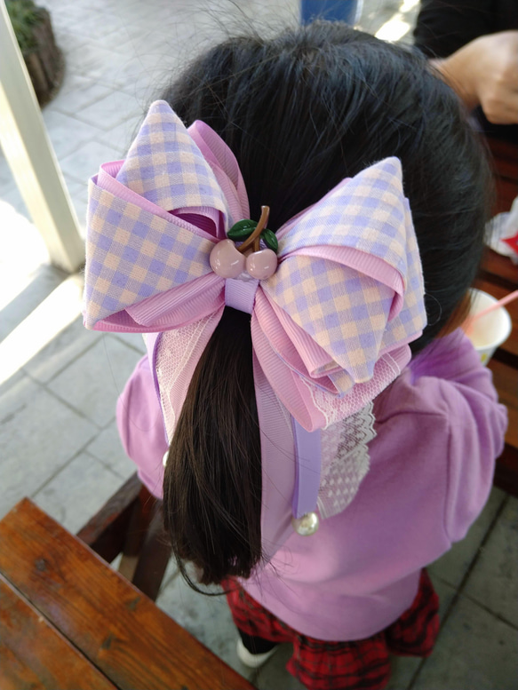 粉紫格紋重磅珍珠蝴蝶結髮夾/蝴蝶結髮夾 第10張的照片