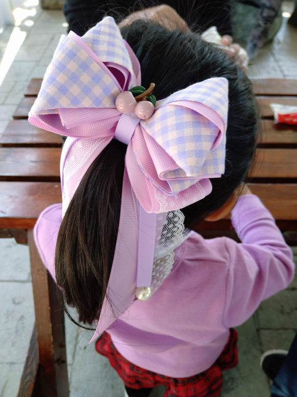 粉紫格紋重磅珍珠蝴蝶結髮夾/蝴蝶結髮夾 第7張的照片