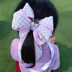 粉紫格紋重磅珍珠蝴蝶結髮夾/蝴蝶結髮夾 第11張的照片