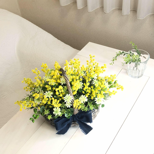 毎年楽しめる 花 ミモザ バスケットかごアレンジ Lサイズ 卒業入学祝い