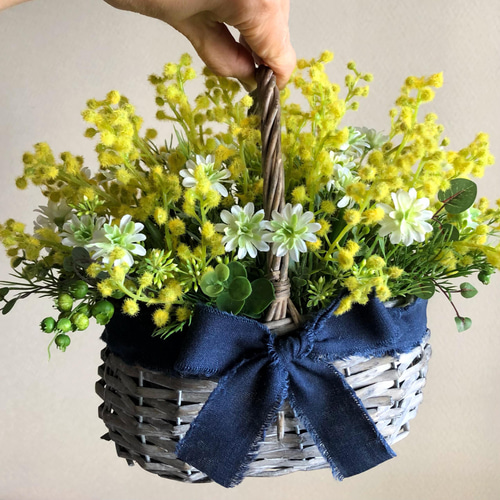 毎年楽しめる 花 ミモザ バスケットかごアレンジ Lサイズ 卒業入学祝い