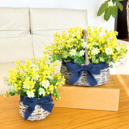 毎年楽しめる 花 ミモザ バスケットかごアレンジ Lサイズ 卒業入学祝い